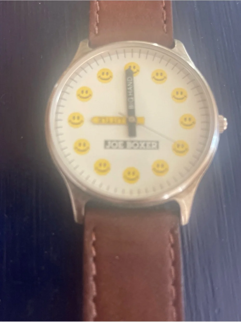 VTG 1995 Joe Boxer Brown Leather Big Hand Little Hand Smiley Face Watch Unisex